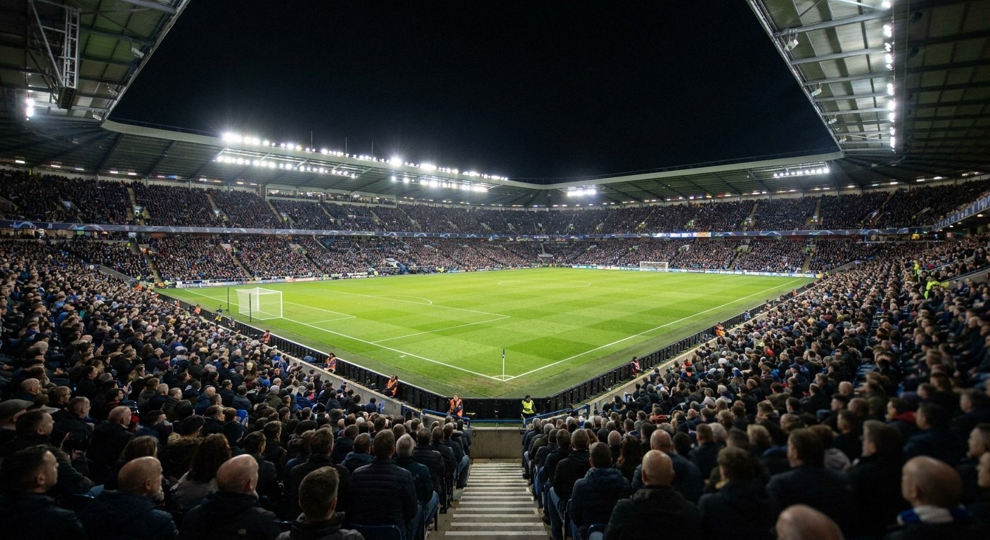 Wide shot of a professional football stadium at night. Floodlights illuminate a green pitch. Multi-tiered stands are