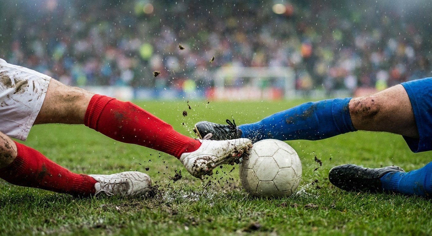Process/action: Close-up mid-shot of two football players' legs in contrasting socks and boots engaged in an intense