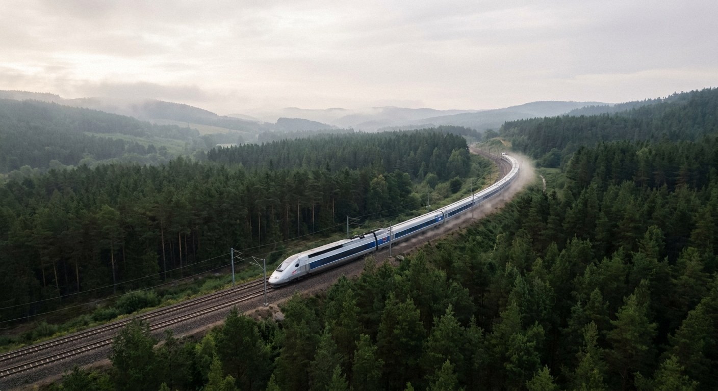 An aerial shot of a sleek high-speed train traveling on a curved track through a dense, hilly pine forest under an
